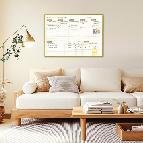 Large Weekly Dry Erase Board for Wall,20"x28",Gold Aluminum Frame Magnetic Weekly Planner Whiteboard for to Do List, Memo, School, Home, Office, Kitchen
