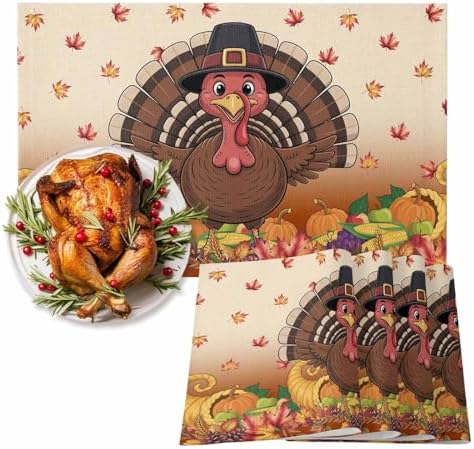 Vandarllin Thanksgiving Turkey Placemats Set of 6, Fall Leaf Autumn Harvest Pumpkin Cotton Linen Stain Resistant Table Mats Washable Placemat Decoration for Kitchen Dining Table,Yellow