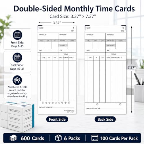 600 Time Cards Compatible with Nile 4500PP/4500PP10 & Pyramid 3800/3800-10 Time Clocks, Numbered 1-100 Monthly Double-Sided Timecards for Employees, 3.37" x 7.37"