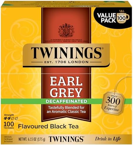 Twinings Decaffeinated Earl Grey Black Bergamot Tea Bags 100CT Box (1 Pack)