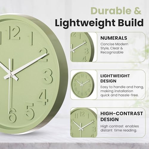 Clockswise 12-Inch Modern Minimalist Round Plastic Wall Clock Green Dial with Bold Arabic Numerals Analog Display Step Movement Easy-to-Read Timepiece for Living Room Kitchen Office Bedroom Wall Decor