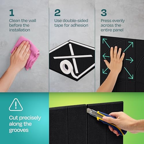 Acoustic Panels 12-Pack Soundproof Wall Panels 12"x12"x0.4" Decorative Sound Dampening for Your Home, Office, Studio, Bedroom & More with Unique ModuArc Carving [Deep Black]