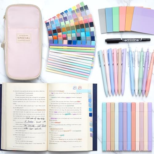 135 Pcs Book Annotation Kit with Pencil Case, 12 Pastel Highlighters, 11 Gel Pens, Fine Marker, 300 Transparent Sticky Notes, 2640 Index Tabs, Bible Study Supplies Kit(Classic,Pink)
