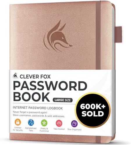 Clever Fox Password Book with Alphabetical Tabs, 7"x10" Keeper Rose Gold