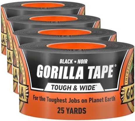 Gorilla Tape Tough & Wide,Black Tape,2.88" x 25 yd - Heavy Duty and Weather Resistant for Indoor or Outdoor,(Pack of 4)