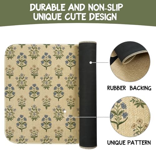 Spring Summer Farmhouse Kitchen Rugs and Mats Set of 2,Blue Green Vintage Boho Floral Farmhouse Non Slip Washable Floor Sink Mats Decorations for Home Kitchen 18"x48"+18"x30"