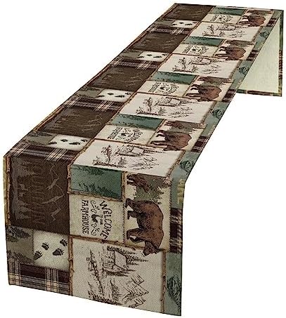 Rustic Cabin Bear Table Runner, Vintage Cottage Country Style Pine Tree Elk Wildlife Dinner Runner for Home Kitchen Dining Table Decoration 13"x70"