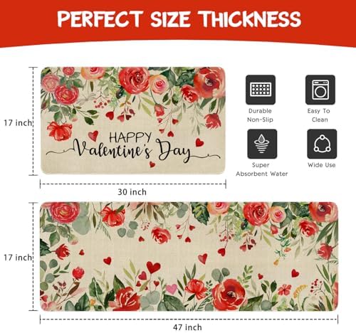 Valentines Day Kitchen Mat Set 2 Piece,Floral Love Hearts Red Rose Flowers Decorative Kitchen Rugs,Valentine's Day Low-Profile Mats for Home Kitchen Decor 17"x48"+17"x30"