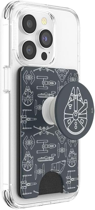 PopSockets Adhesive Phone Wallet with Grip- Millennium Falcon | PopWallet, Holds 3-5 Cards, Swappable Top, Kickstand, Star Wars, Grogu, Men, Boys