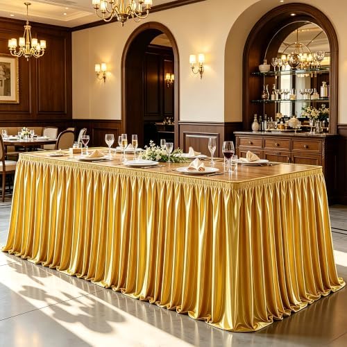 Wish Care 17ft Gold Satin Table Skirt for Rectangle Tables Wrinkle Free Teacher Desk Skirt Glitter Ruffle Table Skirting Cloth for Office Birthday Graduation Cocktail Party Buffet Table Decorations