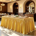 Wish Care 17ft Gold Satin Table Skirt for Rectangle Tables Wrinkle Free Teacher Desk Skirt Glitter Ruffle Table Skirting Cloth for Office Birthday Graduation Cocktail Party Buffet Table Decorations