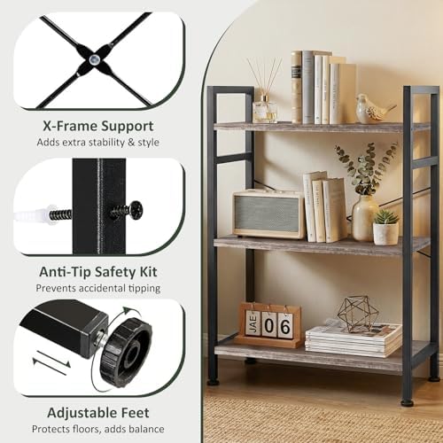 3 Tier Bookshelf, Free Standing Bookcase with Open Storage Shelves
