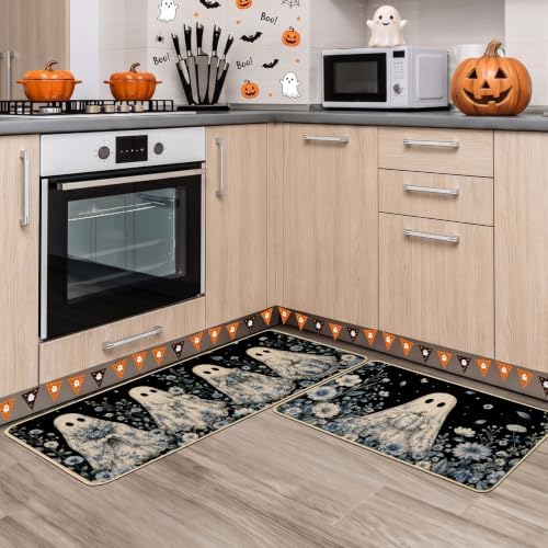 Baccessor Halloween Ghost Kitchen Rugs Set of 2,Spooky Blue and White Pumpkin Black Mat Rug Indoor Outdoor Low-Profile Non Slip Absorbent Floor Mats for Home Party Holiday Decor 17x29 and 17x47 Inch