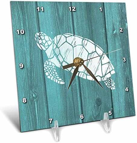 3dRose Turtle Stencil in White Over Teal Weatherboard- Not Real Wood - Desk Clock, 6 by 6-Inch (dc_220428_1)