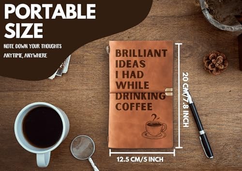 InnoBeta Coffee gifts Leather Journal Notebook with Pen, for Coffee Lovers, Men, Women on Birthday, Refillable Sketchbook, Travel Diary, Lined Planner, 7x5 Inches, Brown