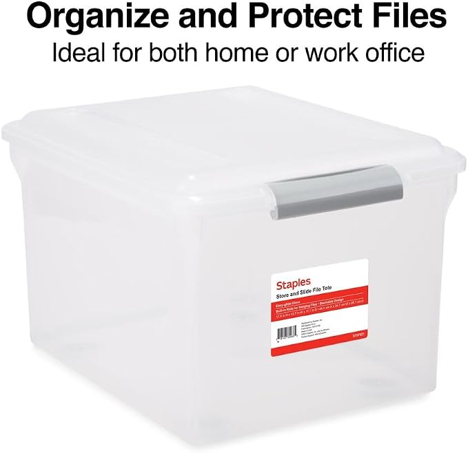 Staples Store & Slide Plastic File Box, Latching, Letter/Legal, 2/Pk | Clear, stackable box keeps hanging files secure and easy to transport.