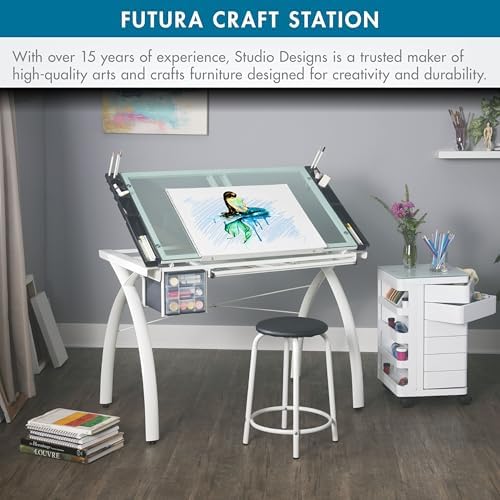 SD Studio Designs Futura Craft & Drawing Table with Adjustable Tempered Safety Glass Top – Modern Art Desk with Storage Drawers, Pencil Ledge, Matte Ivory/Sea Green Glass