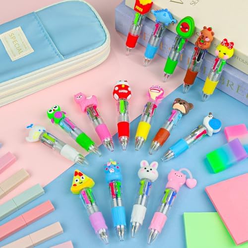 16 Pcs Mini Multicolor Pens in One 4-in-1, Cute Kawaii Ballpoint Pens Bulk with 16 Different Designs, Classroom Rewards, Student Gifts, Party Favors, Back to School Supplies for Kids