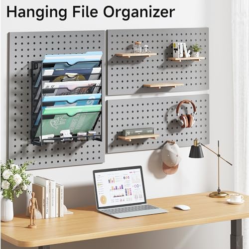 Lavatino 6-Tier Hanging File Organizer, Wall Mount File Holder for Mails Folders Papers Magazine Organization, Vertical Document Organizer for Office Home - Black