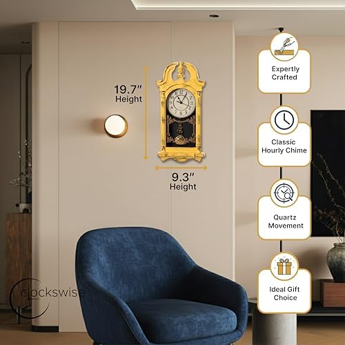 Clockswise 20" Plastic Grandfather Clock in Distressed Finish with Swinging Pendulum & Chiming Sound Battery-Operated Decorative Wall Accent for Home Office Living Room Kitchen Hallway, Yellow