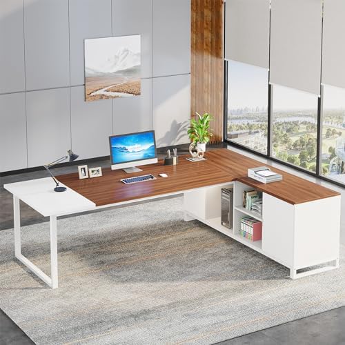 Tribesigns 70.8" L-Shaped Executive Desk with 55" File Cabinet, Large Home Office Computer Desk with Storage Shelves and Cabinet, Modern Business Furniture Set Home Office, Walnut White