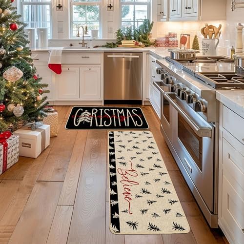 Baccessor Christmas Kitchen Rugs Set of 2, Black Christmas Trees Kitchen Mats for Floor Hallway Laundry Sink Low-Profile Winter Holiday Home Decor 17x29 and 17x47 Inch