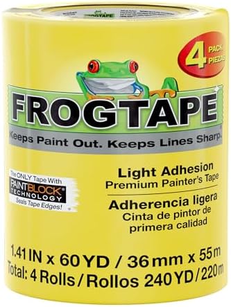 FrogTape Delicate Surface Painters Tape with PAINTBLOCK, 1.5 in Wide (1.41 in x 60 yd), Low Adhesion, Painting Tape Ideal for Freshly Painted Walls, Trim & Surfaces, Yellow, 4 Rolls (240662)