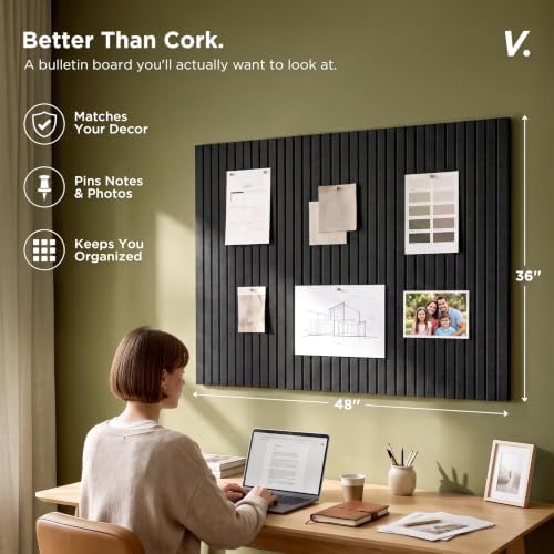 VIVELDA Large Felt Bulletin Board 48 x 36 Inch - 12-Pack Square Acoustic Wall Panels, Cork Board Alternative, NRC 0.95, Damage-Free Adhesive, Slatted Design for Home, Classroom (Black)