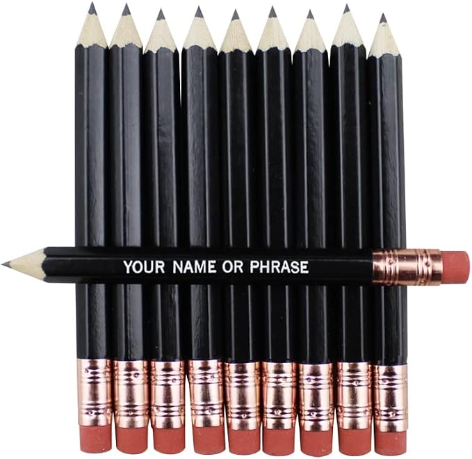 EZPENCILS & GIFTS - Golf Pencils Tipped with Eraser (1/2 a Pencil - Pew Pencils) - Black Colored Barrel - FREE-PERSONALIZATION - 2HB Black Lead - Custom Text - Non-Smear Eraser – Package of 10