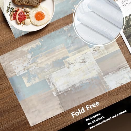 Batmerry Taupe Squares Texture Linen Placemats Set of 8, Grey and Beige Abstract Painting Washable Table Mats for Kitchen Table Thickened Heat Insulation Dining Set Indoor Outdoor 12X18 in