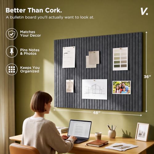 VIVELDA Large Felt Bulletin Board 48 x 36 Inch - 12-Pack Square Acoustic Wall Panels, Cork Board Alternative, NRC 0.95, Damage-Free Adhesive, Slatted Design for Home, Classroom (Moonstone)