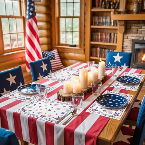 4th of July Placemats Set of 6, Patriotic Stars Fireworks Heat Resistant Washable Dining Table Mats Summer Farmhouse Decor for Kitchen&Table Linens Outdoor Indoor, Red White and Blue American Flag