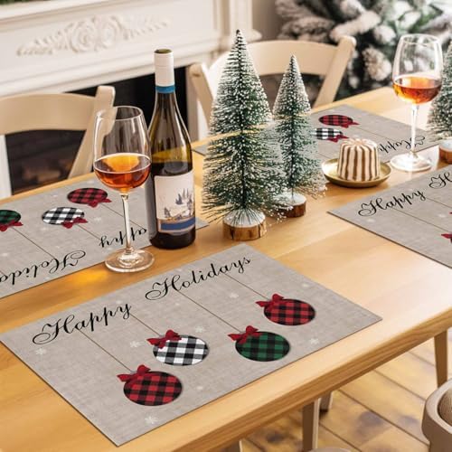 Christmas Theme Placemats Set of 4, Farmhouse Rustic Ornaments Plaid Balls Cotton Line Stain Resistant Table Mats Washable Holidays Placemat Decoration For Kitchen Dining Table Happy Holidays