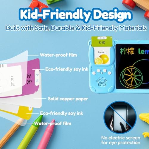 Writing Tablet with Bilingual Flash Cards for Kids, Chinese Blue