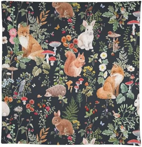 Watercolor Forest Tablecloth, Rustic Woodland Animals Squirrel Rabbit Fox Wild Flower Mushroom Leaves Print Table Cloth Cover for Kitchen Dining Indoor Outdoor Decor 60x90in