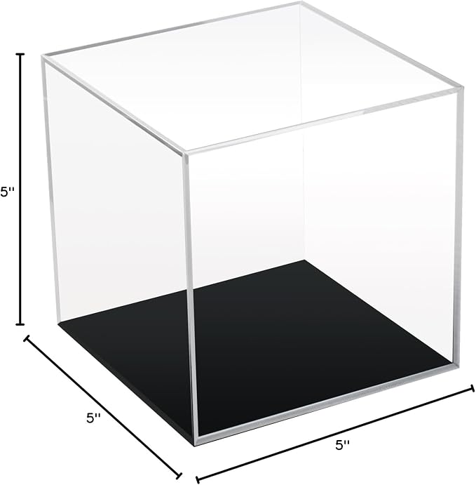 5x5x5Inch Acrylic Simple Self-Assembly Display Box with Black Base | Removable Figures Toys Props Display Riser Stand, Cube Countertop Decorative Storage Box for Collectibles Home Organization