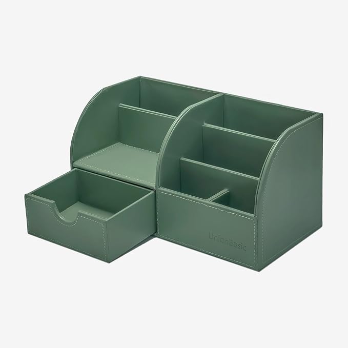 UnionBasic Desk Organizer - Multifunctional Leather Desktop Pen Holder Storage Box - Business Card/Pen/Pencil/Mobile Phone/Stationery Holder, Malachite Green