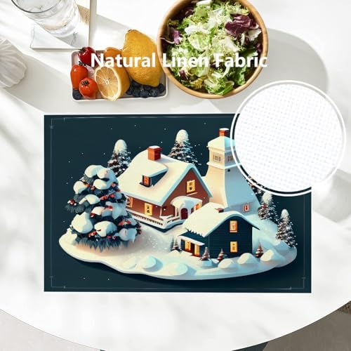 Batmerry Christmas Houses Linen Placemats Set of 4, Holiday Building Covered Snow Spruce Washable Table Mats for Kitchen Table Thickened Heat Insulation Dining Set Indoor Outdoor 12X18 in