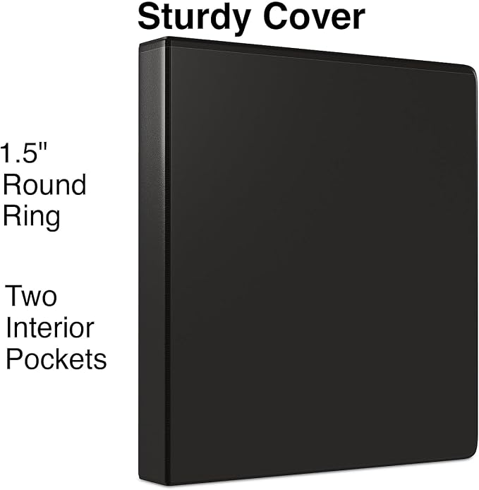 Staples Simply View Binder, 1.5 Inch Round Ring, Black, 300 Sheets | Economy 3-ring binder with clear overlay for school and office use.