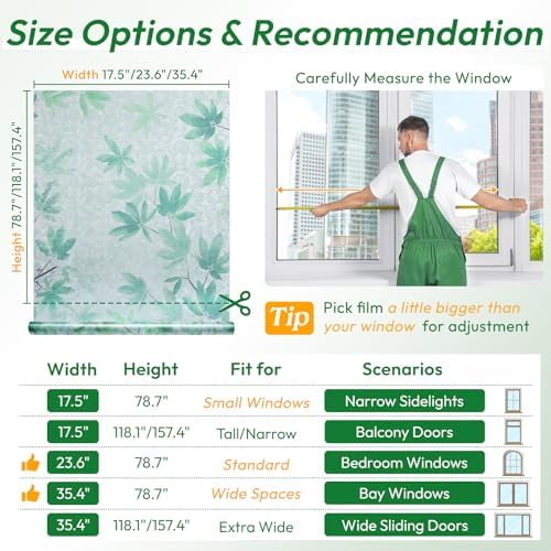 rabbitgoo Rainbow Window Privacy Film Decorative Stained Glass Diamond Pattern Window Sticker with Iridescent Tint Non-Adhesive Static Cling for Home Office Bathroom, Green Leaf 23.6 x 78.7 inch