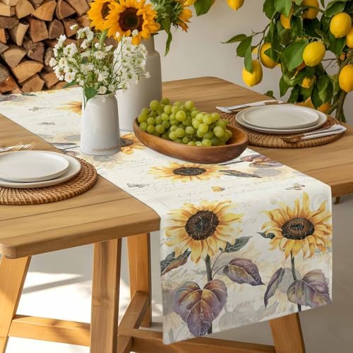 Farmhouse Sunflower Table Runner Dresser Scarf 13 x 72 Inch Vintage Yellow Flower Butterfly Botanical Table Runners Non-Slip Heat Resistant Kitchen Dining Table Decor for Home Holidays Indoor Outdoor
