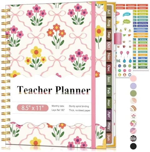 Teacher Planner 2026-2027, July 2026 - June 2027, Academic Weekly & Monthly Calendar Planner with Tabs, 8.5" x 11" A4 Teacher Lesson Plan Book with 7 Periods, Daily Agenda School Organizer for Teacher Student Homeschool, Bowknot Flowers