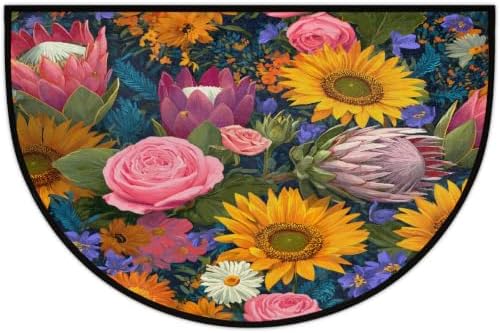 Sunflower Rose Half Round Door Mat Non Slip Washable Semi Circle Area Rug Absorbent Soft Half Moon Rug Floor Mat for Indoor Outdoor Kitchen Bathroom Patio Front Door Mat Decor