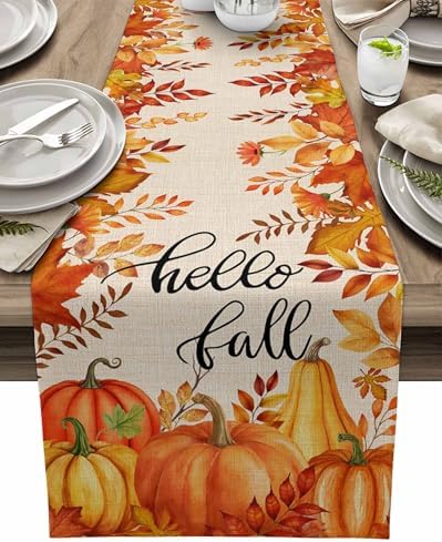 Fall Pumpkin Table Runner Dresser Scarf 13 x 120 Inch Harvest Orange Maple Leaves Table Runners Non-Slip Heat Resistant Kitchen Dining Table Decor for Autumn Thanksgiving Holidays Indoor Outdoor