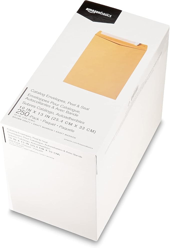 Amazon Basics Catalog Self Seal Mailing Envelopes, Peel and Seal, 10" x 13", Brown Kraft, 250-Pack