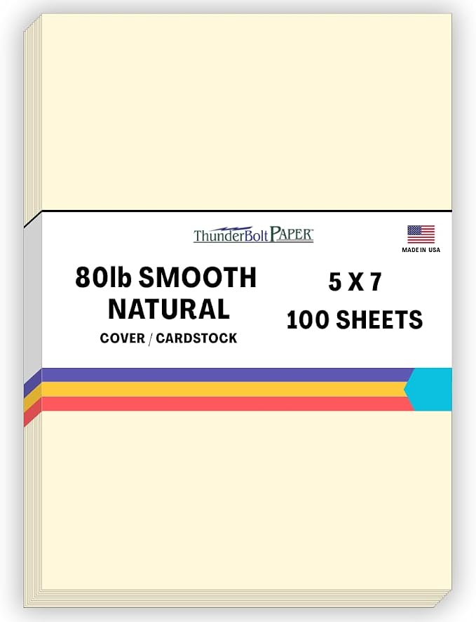 100 Natural Smooth Card Stock Sheets Paper - 5 X 7 Inches Photo Card Frame Size - 80# (80 lb/Pound) Cover Weight - Quality Paper - Smooth Finish