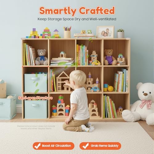 12 Cube Storage Organizer - Solid Wood Bookshelf - Cube Shelf - Vertical or Horizontal Bookcase - Open Book Shelf - Easy Assembly for Bedroom, Living Room, Office