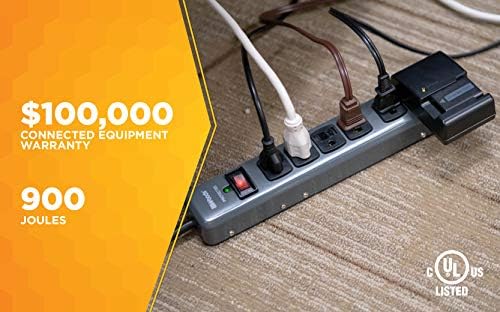 Southwire Woods Metal Surge Protector - 6 Outlets - Lighted Circuit Breaker Switch - 900J Electrical Overload Protection - 3 Foot Cord - Dark Gray