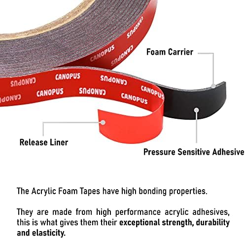 CANOPUS Double Sided Tape, 5952 Heavy Duty Mounting Tape, Strong Bond & Weatherproof Seal Strip for Automotive Mounting, Picture and Photo Frame, Poster, Craft, 0.75 in x 15 ft, Black, Made in USA
