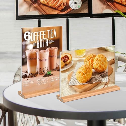 Kersally Acrylic Sign Holder 6 x 4, 4 Pack Double-Sided Clear Table Display Stands with Wood Base,Horizontal Acrylic Frame Menu Flyer Paper Holder for Store, Restaurant, Hotel, Office, Show Fair